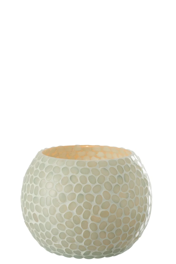 Theelichthouder Orb Glas Wit Aqua Groot - een ronde, lichtgekleurde decoratieve schaal met verhoogde ronde stippen tegen een effen witte achtergrond.