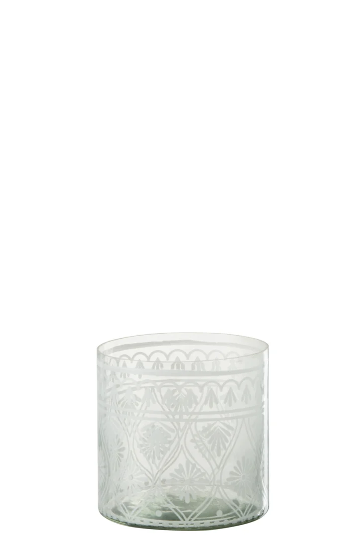 De Kaarsenhouder Orkaan Glas Transparant Wit Patroon Klein heeft een helder glazen ontwerp met gedetailleerde geometrische en florale etsen op een effen witte achtergrond.