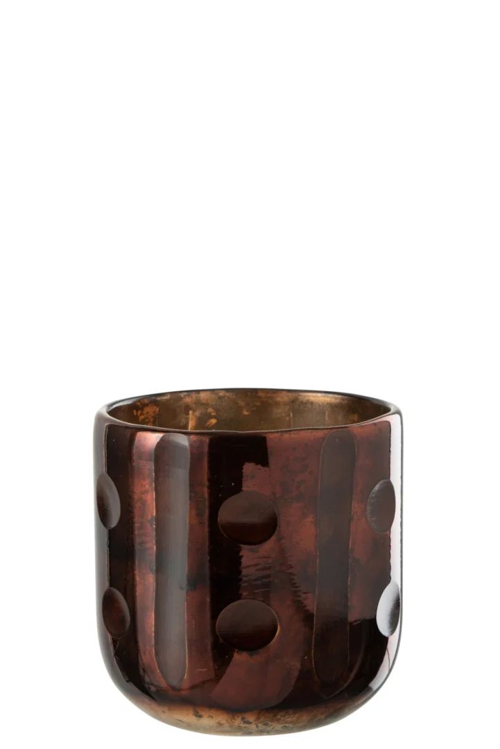 Theelichthouder Kokosnoot Cilinder Glas Bruin is een donkerbruine glazen beker met een glanzende afwerking, versierd met verticale strepen en grote ronde stippen. Gefotografeerd tegen een effen witte achtergrond.