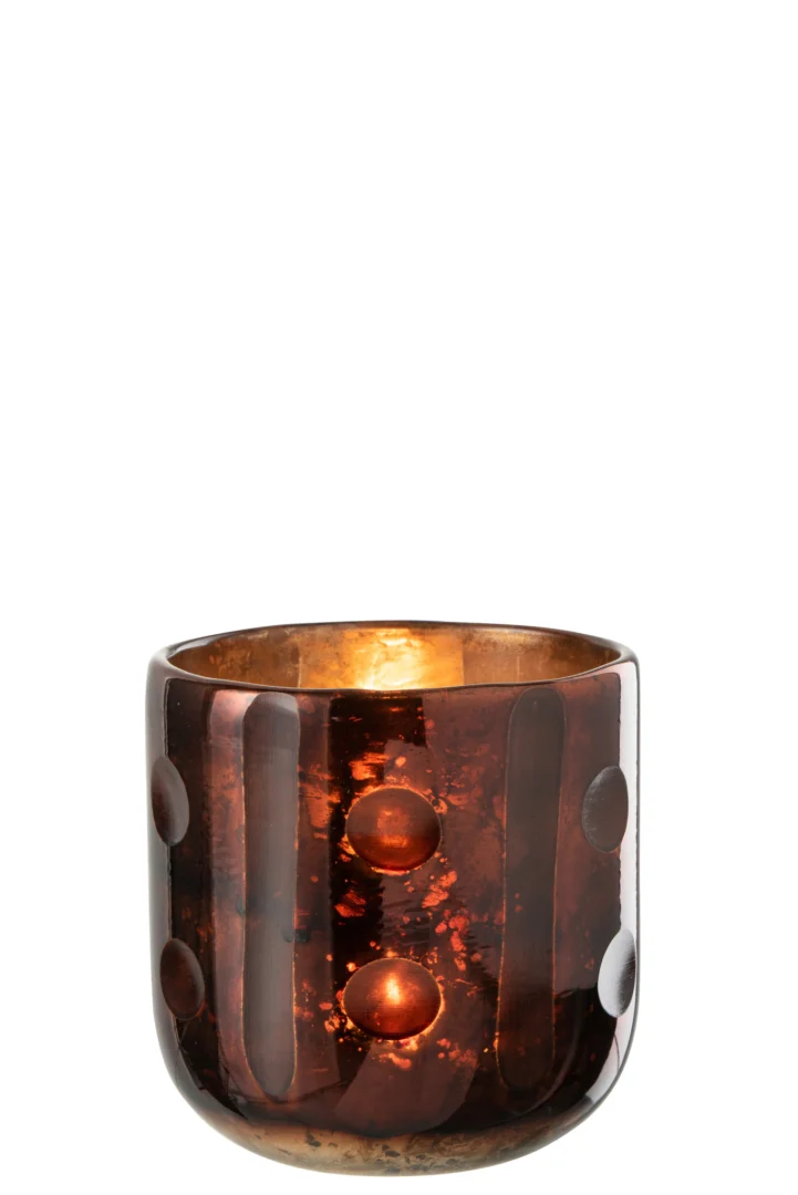 Theelichthouder Kokosnoot Cilinder Glas Bruin: een bruine glazen kandelaar met verhoogde ronde stippen en een metalen binnenkant, weergegeven op een effen witte achtergrond.