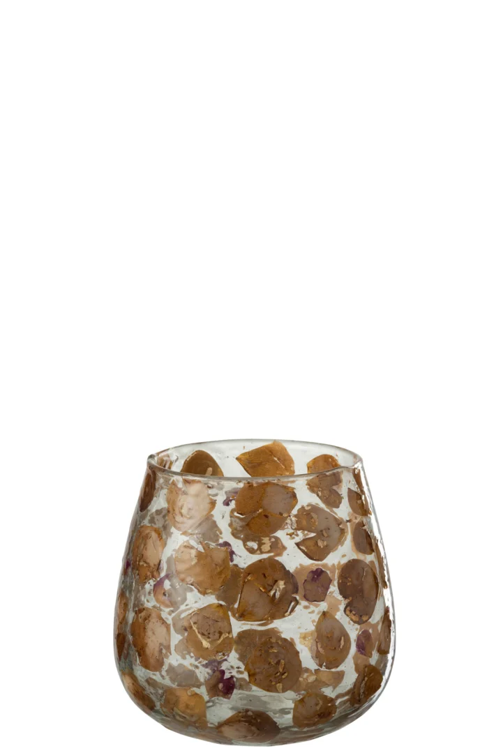 De Orkaan Gerard Glas Amber Groot is een heldere, ronde glazen beker met onregelmatige amberkleurige vlekken tegen een witte achtergrond.