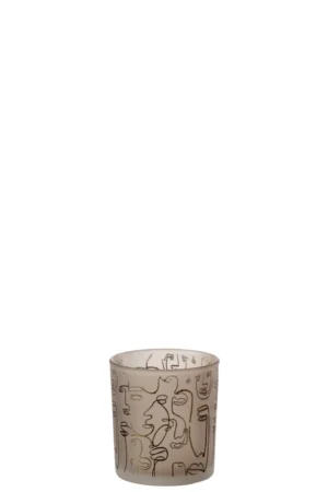Theelichthouder Happy Faces Glas Beige Klein: Een kleine, doorschijnende glazen waxinelichthouder met abstracte zwarte en gouden lijnen op het oppervlak, gefotografeerd tegen een effen witte achtergrond.