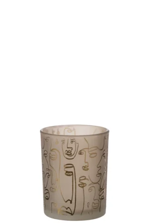 De Orkaan Blije Gezichten Glas Beige Medium is een doorschijnende beige beker versierd met abstracte gouden en zwarte gezichtsillustraties die het oppervlak omhullen.