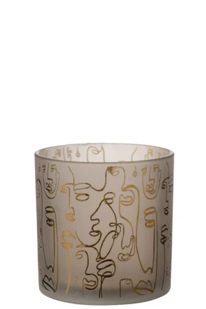 De Orkaan Blije Gezichten Glas Beige Groot is een matglazen kandelaar met abstracte gouden lijnkunstgezichten op het oppervlak tegen een witte achtergrond.