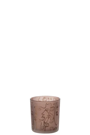 Theelichthouder Happy Faces Glas Terracotta Klein: een doorschijnend mauve glazen beker met abstracte lijnkunst en gouden accenten tegen een effen witte achtergrond.