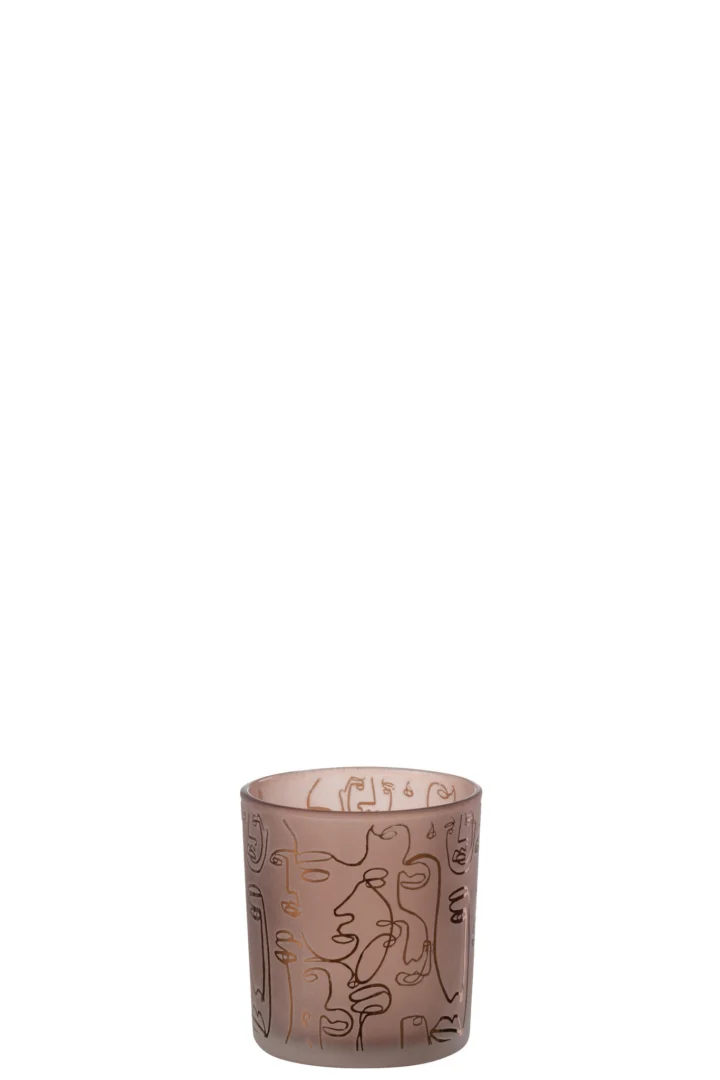 Theelichthouder Happy Faces Glas Terracotta Klein: een doorschijnend mauve glazen beker met abstracte lijnkunst en gouden accenten tegen een effen witte achtergrond.