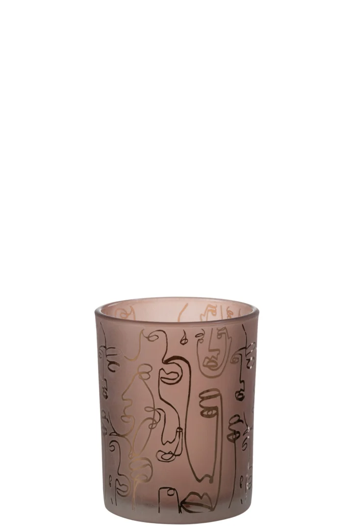 De Kaarsenhouder Orkaan Glas Terracotta Vrolijke Gezichten Medium is een bruine doorschijnende glazen kandelaar versierd met abstracte zwarte lijntekeningen rond het oppervlak.