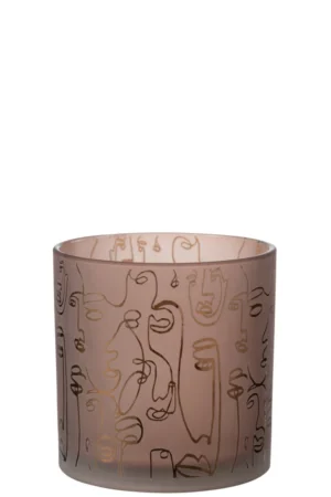 De Kaarsenhouder Orkaan Glas Terracotta Vrolijke Gezichten Groot is een cilindervormige, semi-transparante mauve glazen houder met gouden abstracte gezichtslijntekeningen op een witte achtergrond.