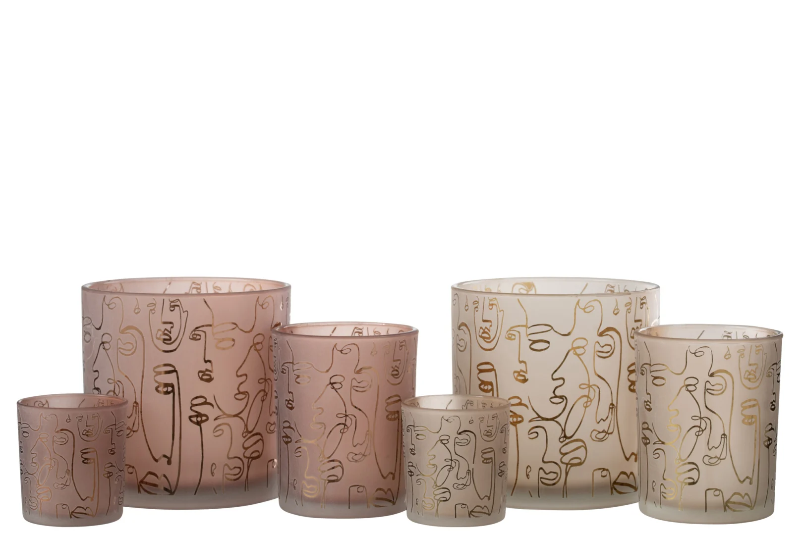 Zes Kaarsenhouder Orkaan Glas Terracotta Vrolijke Gezichten Groot kandelaars in roze en beige, elk met abstracte gouden gezichtjes, zijn gerangschikt in twee rijen op kleur en grootte op een witte achtergrond.