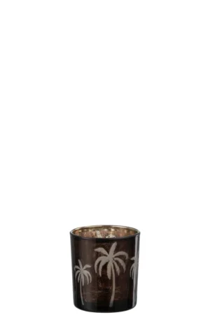 Theelichthouder Palmboom Glas Bruin Klein is een kleine bruine glazen kandelaar met geëtste palmboommotieven rond de zijkanten, afgebeeld op een effen witte achtergrond.
