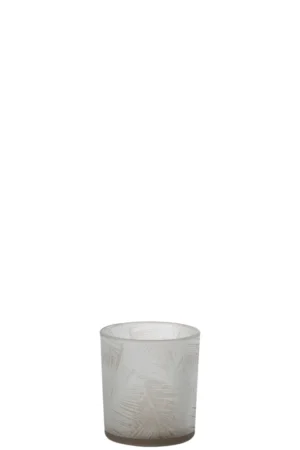 De Theelichthouder Bladeren Glas Beige Klein, een kleine matglazen houder met een geëtst bladmotief, staat tegen een effen witte achtergrond.