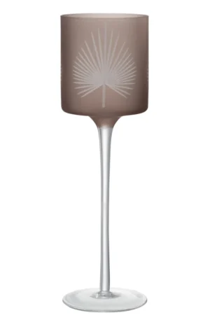 Theelichthouder Op Voet Palmblad Glas Beige Groot: een hoge, elegante glazen kandelaar met een gematteerde beige kop, geëtst palmbladerenontwerp en een heldere slanke steel en voet.