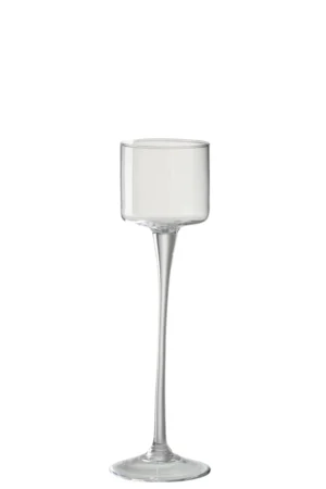 Het Orkaan Te Voet Glas Transparant Klein is een helder, klein glas met een lange, slanke steel en een brede, cilindrische kom, afgebeeld tegen een effen witte achtergrond.