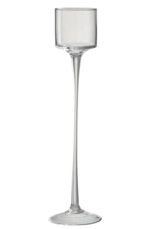 De Orkaan Te Voet Glas Transparant Groot is een hoge, heldere glazen kandelaar met een ronde voet, slanke steel en cilindrische kop voor een kaars.