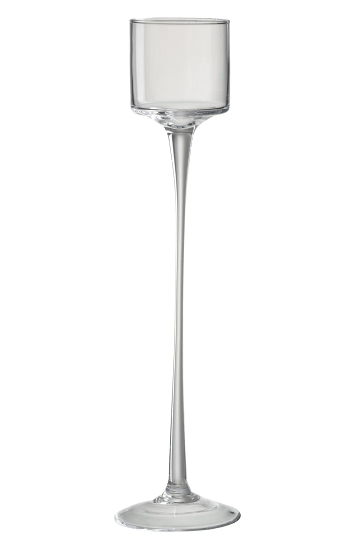 De Orkaan Te Voet Glas Transparant Groot is een hoge, heldere glazen kandelaar met een ronde voet, slanke steel en cilindrische kop voor een kaars.