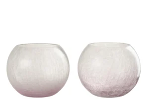 Een set van twee Kaarsenhouder Orkaan Orb Craquelure Glas Paars kandelaars, rond en doorschijnend met een subtiele paarse tint en gebarsten textuur, naast elkaar tegen een witte achtergrond.