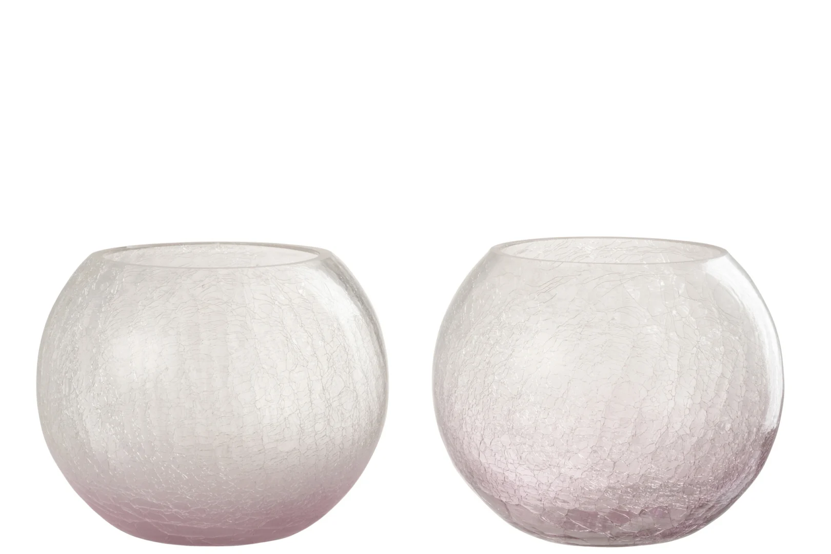 Een set van twee Kaarsenhouder Orkaan Orb Craquelure Glas Paars kandelaars, rond en doorschijnend met een subtiele paarse tint en gebarsten textuur, naast elkaar tegen een witte achtergrond.