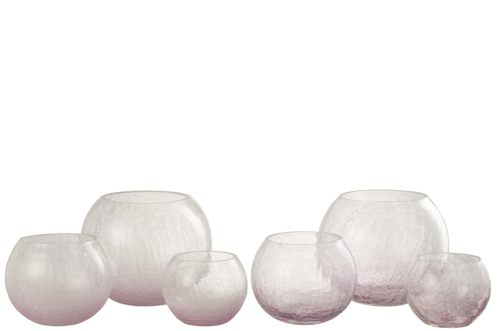 Een set van twee Kaarsenhouder Orkaan Orb Craquelure Glas Paars kandelaars, met rond, paars getextureerd glas met een subtiele matte afwerking, wordt weergegeven op een witte achtergrond.