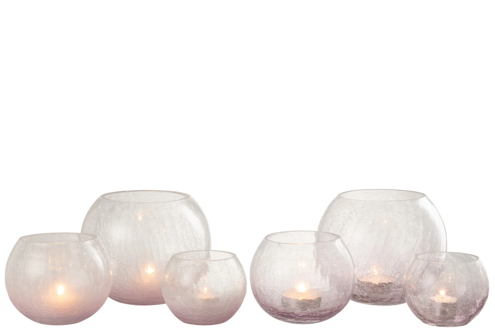 Twee sets van Kaarsenhouder Orkaan Orb Craquelure Glas Paars, elk met een uniek formaat paarse glazen kaarsenhouders met waxinelichtjes, staan in twee rijen tegen een witte achtergrond.