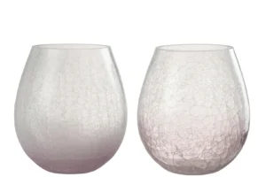 Een set van twee Kaarsenhouder Orkaan Ei kandelaars in craquelureglas in een subtiele paarse tint, naast elkaar tegen een witte achtergrond.