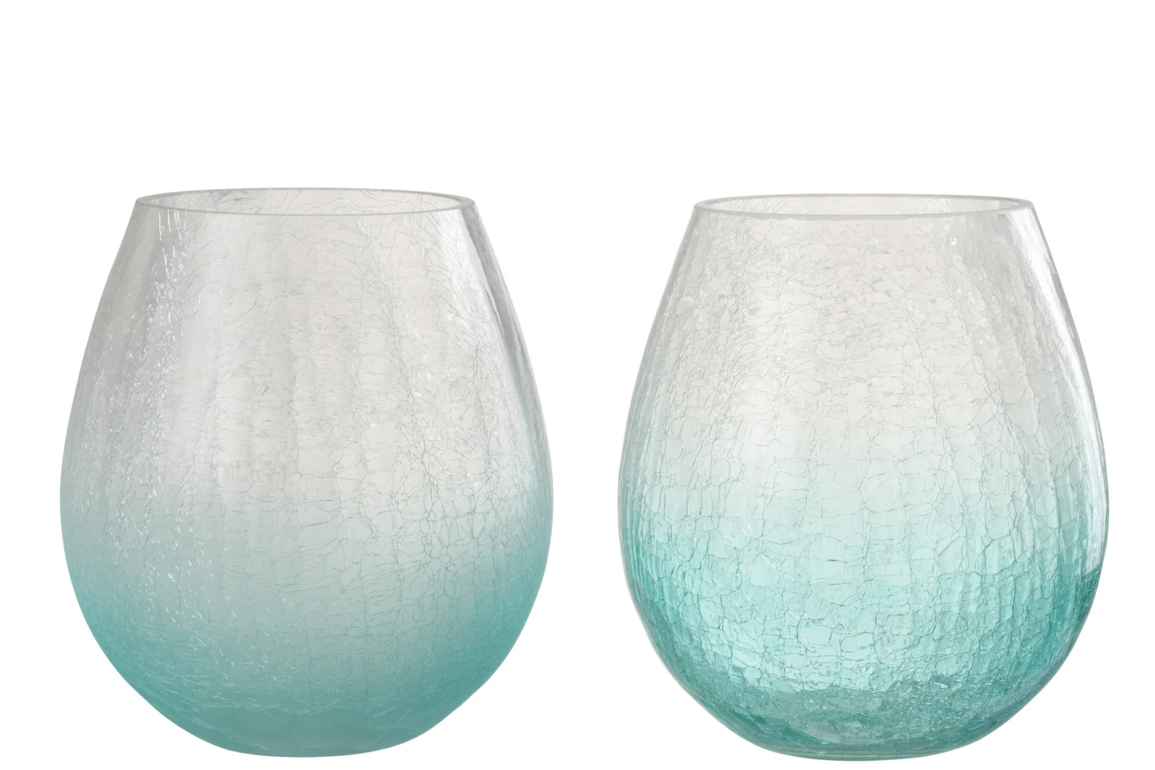 Set van 2 kleine blauwe craquelé glazen met een eivorm en orkaanpatroon. Deze bekers hebben een lichtblauw kleurverloop aan de onderkant, een rond ontwerp en lopen naar de bovenkant toe langzaam taps toe.