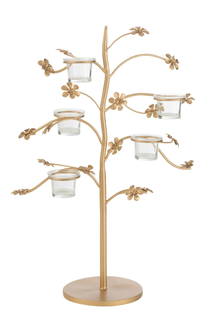 De Kaarsenhouder Tafel Metaal Goud is een goudmetalen boomvormige standaard met takken en bloemen, met vijf glazen waxinelichthouders op de takken en rustend op een ronde voet.