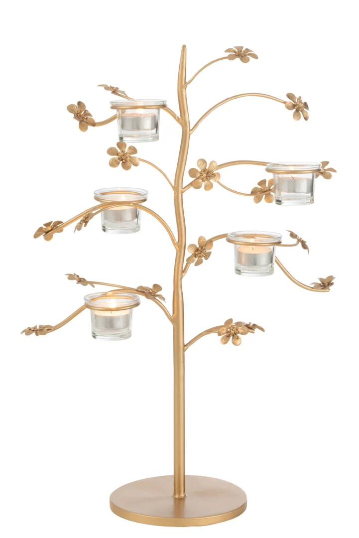 De Kaarsenhouder Tafel Metaal Goud is een goudmetalen kaarsenhouder met een boomdesign van takken en bloemen, ontworpen om vijf kleine glazen votiefkaarsenhouders in te plaatsen.