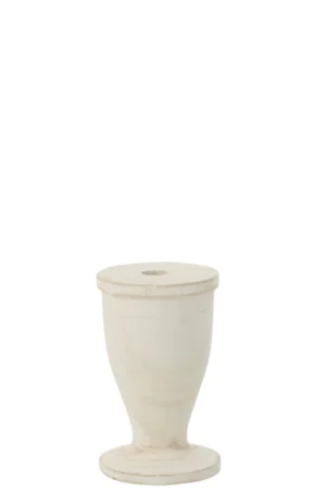 De Kaarsenhouder Hout Wit Groot is een grote, witte houten kandelaar met een urnvorm, een ronde basis en een gat in het midden bovenaan, tegen een effen witte achtergrond.