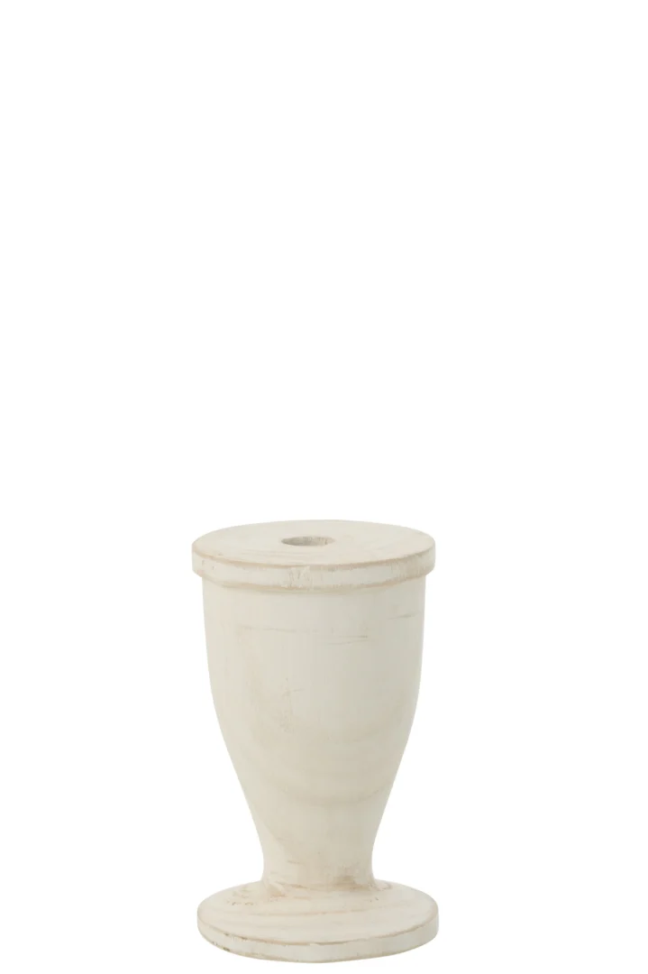 De Kaarsenhouder Hout Wit Groot is een grote, witte houten kandelaar met een urnvorm, een ronde basis en een gat in het midden bovenaan, tegen een effen witte achtergrond.