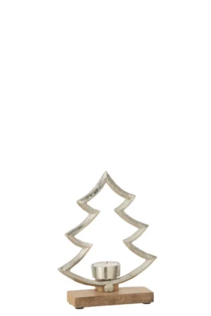 De Kaarsenhouder Den Hout Aluminium Zilver Klein is een kleine zilveren metalen kaarsenhouder in de vorm van een kerstboom met een houten voet, ontworpen om een waxinelichtje in het midden van de omtrek van de boom te houden.