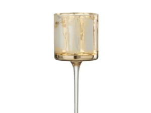 Theelichthouder Op Voet Bomen Glas Goud Groot is een hoge kandelaar met een heldere glazen voet en een goudkleurig boomontwerp op de cilindrische bovenkant, met een slanke steel en ronde voet tegen een witte achtergrond.