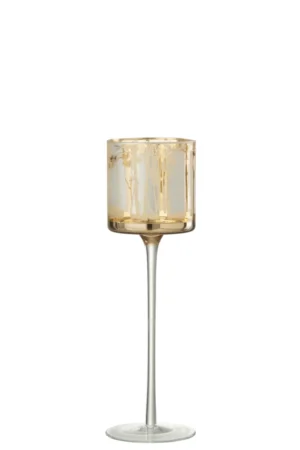 Theelichthouder Op Voet Bomen Glas Goud Groot is een hoge kandelaar met een heldere glazen voet en een goudkleurig boomontwerp op de cilindrische bovenkant, met een slanke steel en ronde voet tegen een witte achtergrond.