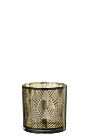 De Kaarsenhouder Orkaan Driehoek Strepen Glas Bruin Medium is een cilindervormige glazen kandelaar met een modern bruin geometrisch patroon van elkaar kruisende lijnen en vormen, en een reflecterende binnenkant voor extra elegantie.