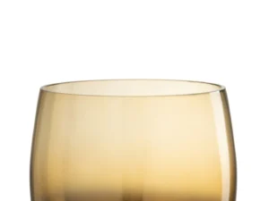De Kaarsenhouder Orkaan Glas Rook Geel Groot is een ronde, doorschijnende glazen kandelaar met een korte voet en een kleurverloop van rookgrijs aan de onderkant naar amberkleurig aan de bovenkant, afgebeeld op een witte achtergrond.