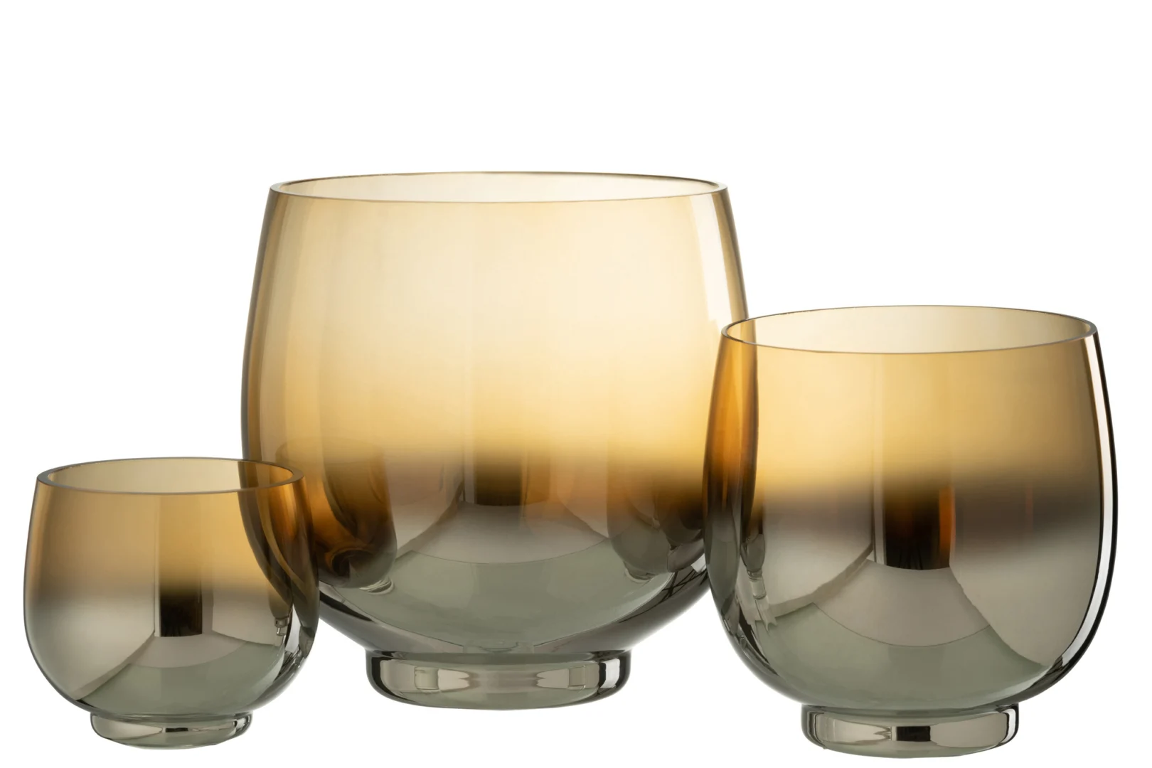 De Kaarsenhouder Orkaan Glas Rook Geel Zilver Groot is een ronde glazen vaas met een glanzende afwerking, met een vloeiend verloop van geel aan de bovenkant naar rokerig grijs aan de onderkant en staand op een korte, heldere basis.