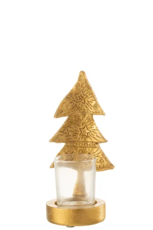 De Kaarsenhouder Kerstboom Poly Goud Klein, een gouden kandelaar in de vorm van een kerstboom, staat op een bijpassende gouden voet met een kleine waxinelichthouder ervoor, alles tegen een witte achtergrond.