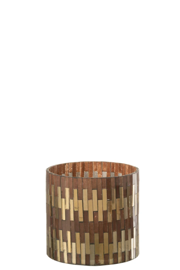 De Orkaan Chic Glas Bruin/Goud Medium is een ronde, cilindervormige schaal met een ingeweven patroon van bruine en gouden metallic tegels, rechtopstaand tegen een effen witte achtergrond.