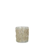 De Theelichthouder Glitter Champagne Klein is een kandelaar van helder glas versierd met clusters van kleine gouden kraaltjes in een gestructureerd patroon, gefotografeerd tegen een effen witte achtergrond.