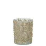 Theelichthouder Glas Glitter Champagne Groot: een kandelaar van helder glas versierd met goudkleurige glittervlokken voor een sprankelende, feestelijke look. Gefotografeerd op een effen witte achtergrond.