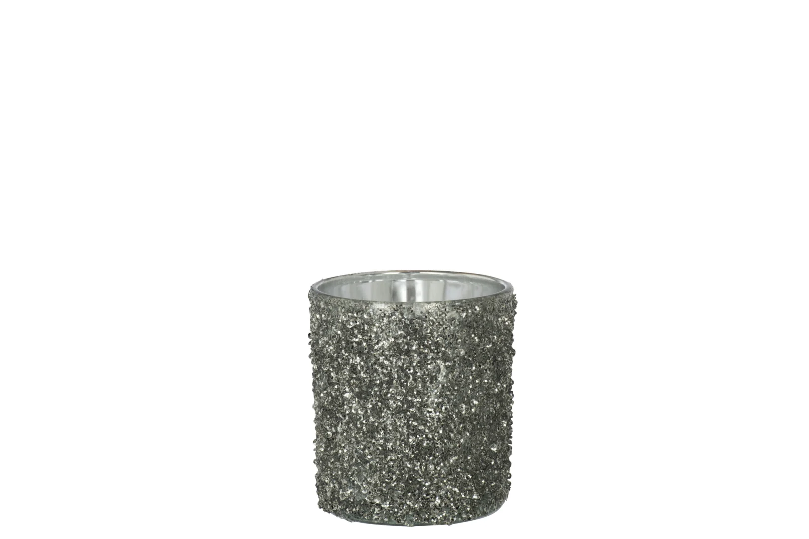 Theelichthouder Glitterglas Smokey Grijs Medium is een middelgrote cilindrische kandelaar met gestructureerd, zilverkleurig glittermateriaal op een effen witte achtergrond.