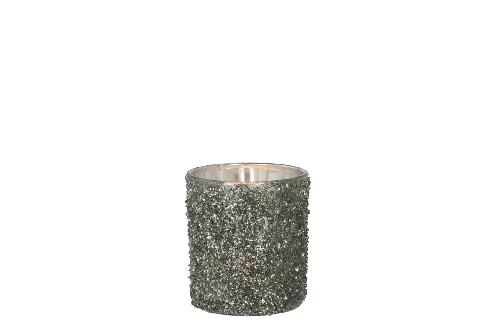 Theelichthouder Glitterglas Smokey Grijs Medium: een kleine, cilindervormige kandelaar met gestructureerde donkergrijze glitter en een metallic binnenvoering, tegen een effen witte achtergrond.