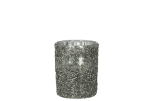 Theelichthouder Glitterglas Smokey Grijs Groot: een grote cilindervormige glazen kandelaar in smokey grey, versierd met glanzende zilveren glitter, tegen een effen witte achtergrond.
