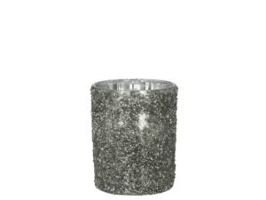 Theelichthouder Glitterglas Smokey Grijs Groot: een grote cilindervormige glazen kandelaar in smokey grey, versierd met glanzende zilveren glitter, tegen een effen witte achtergrond.