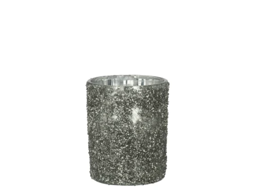 Theelichthouder Glitterglas Smokey Grijs Groot: een grote cilindervormige glazen kandelaar in smokey grey, versierd met glanzende zilveren glitter, tegen een effen witte achtergrond.