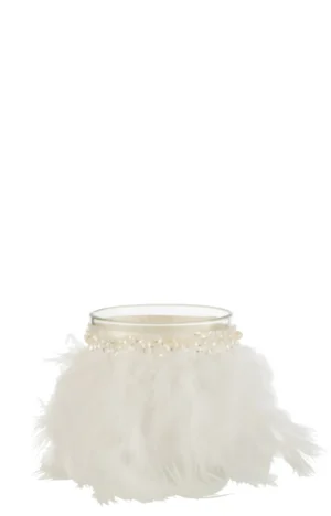 Theelichthouder Veren Wit Glas Transparant Middel: een kaarsenhouder van helder glas met witte verenrand en een band van kleine parelmoerachtige kraaltjes rond de bovenkant, afgebeeld tegen een effen witte achtergrond.