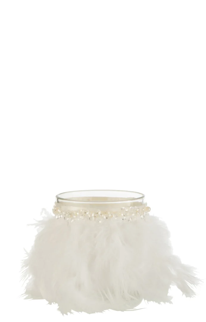 Theelichthouder Veren Wit Glas Transparant Middel: een kaarsenhouder van helder glas met witte verenrand en een band van kleine parelmoerachtige kraaltjes rond de bovenkant, afgebeeld tegen een effen witte achtergrond.