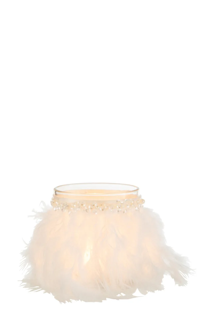 Theelichthouder Veren Wit Glas Transparant Middel: een transparante glazen kandelaar versierd met zachte witte veren en een band van kleine imitatieparels rond de rand, afgebeeld op een effen witte achtergrond.