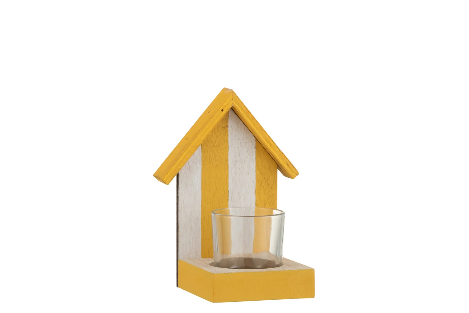 Theelichthouder Strandhuis Hout Geel Wit Klein: Kleine houten kandelaar in de vorm van een huis met geel dak en basis, witte verticale panelen en een glazen beker voor een kaars, weergegeven op een effen witte achtergrond.