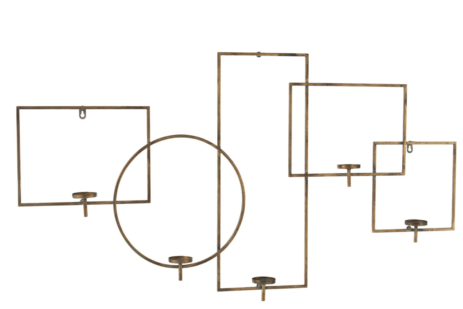 De Wanddecoratie Kaarsenhouder Metaal Goud is een wandkandelaar met een abstract geometrisch ontwerp in goudkleurig metaal, met vijf vormen - vier rechthoeken en een cirkel - elk met een klein kaarsenplateau aan de onderkant.
