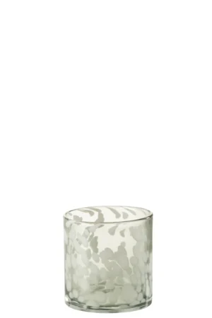 De Kaarsenhouder Orkaan Dot Glas Grijs Wit Klein is een kleine, heldere glazen beker met een ronde vorm en een geëtst wit bloemen- en bladpatroon rond de buitenkant.